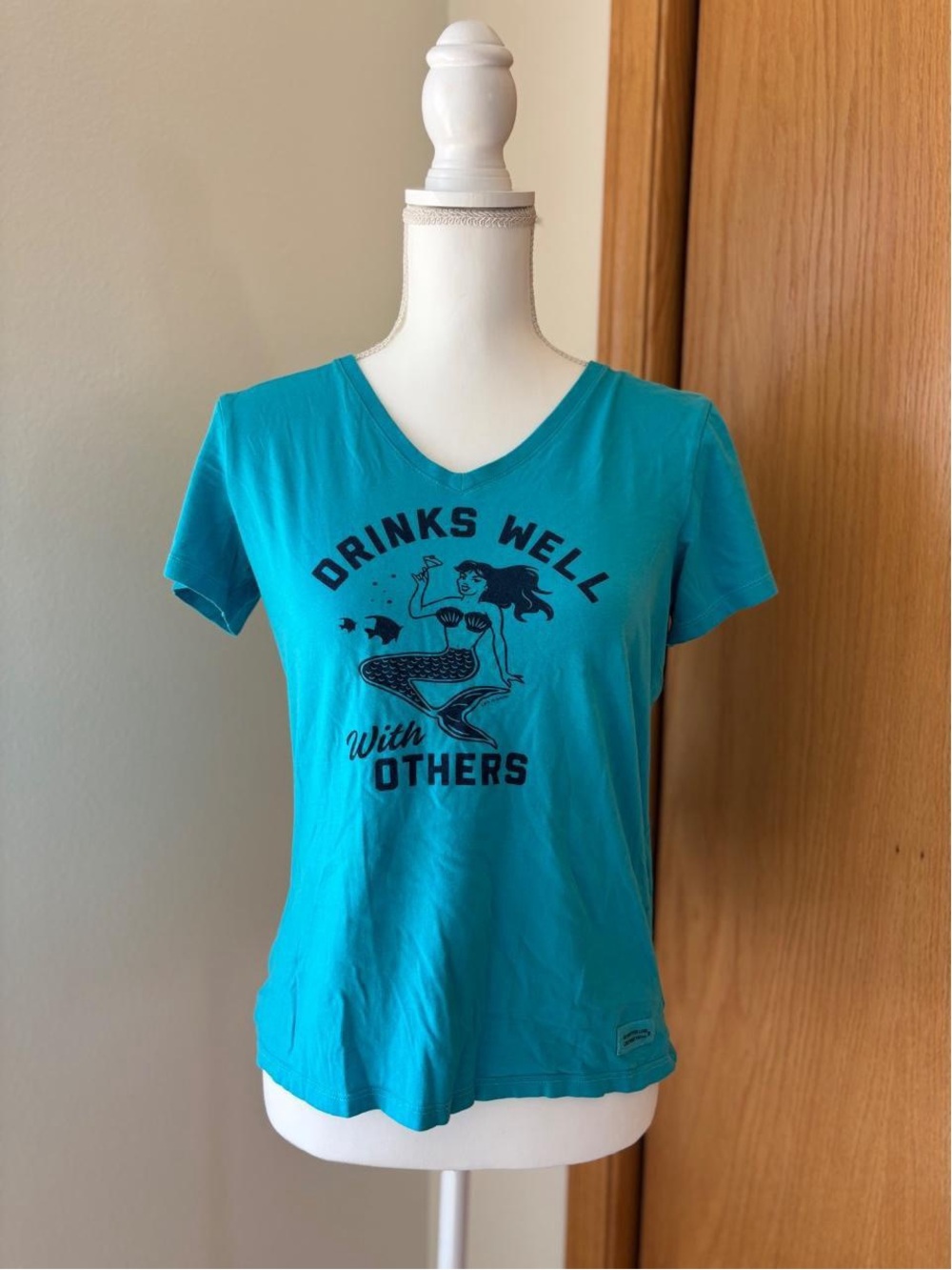 Funny Life Is Good Teal V-Neck Tee with Mermaid Graphic